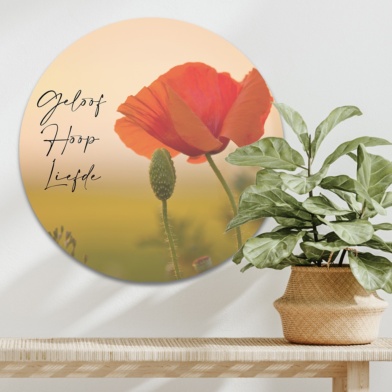 Muurcirkel 'Klaproos - Geloof hoop liefde' - 60 cm - MA39314 -  Wanddeco bij MajesticAlly